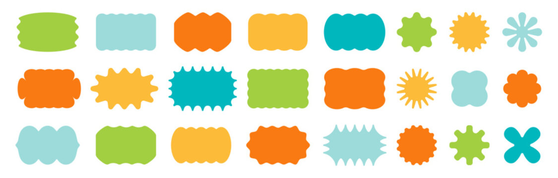 Zig zag wavy shape frames. Vector rectangular and round abstract clouds, flowers and text boxes. Scallop edge kids geometric stamps. Flat jagged oval shapes set. Groovy kids graphic wiggly backgrounds