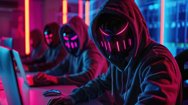 Digital Intrusion: Cyber Hackers in Neon Hoodies with Futuristic Masks Operating in a High-Tech Environment