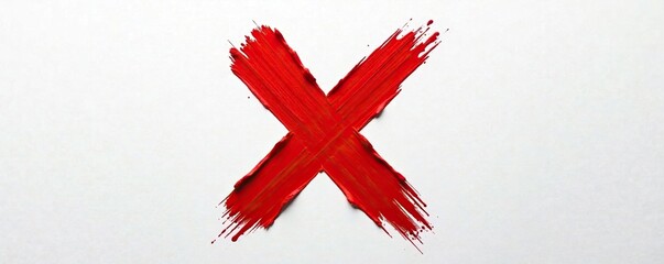 Obraz premium A vibrant red X mark splattered across a pristine white surface using thick and textured brush strokes, vibrant red, graphic element