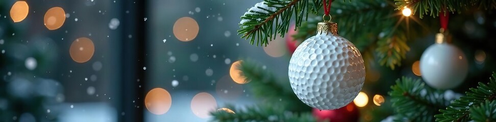 A white golf ball-shaped Christmas ornament hanging from a Christmas tree branch, winter wonderland scene, festive decor