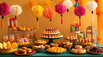 Lively Diwali product arrangement with paper lanterns, traditional sweets, and festive decor elements.