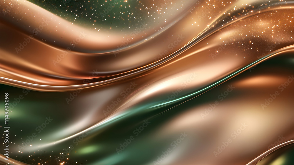 Aufkleber 3d abstract background with cascading metallic waves in shades of copper and emerald, floating in a 