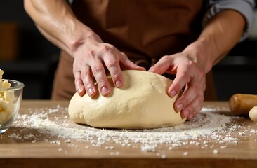 Close up hands Knead Dough. Preparing the Dough for baking bread. Front view on the person Kneading Dough on the table. Banner for bakery.
