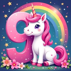 Fototapeta premium Funny Unicorn with number 9 on the Rainbow background. Birthday invitation card template design. Magical Unicorn in flowers. Birth day invite flyer cover template. 