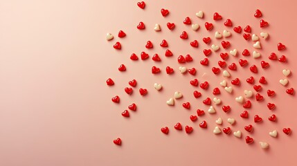 Minimal Valentine background with scattered small hearts in red and pink on a soft gradient surface.