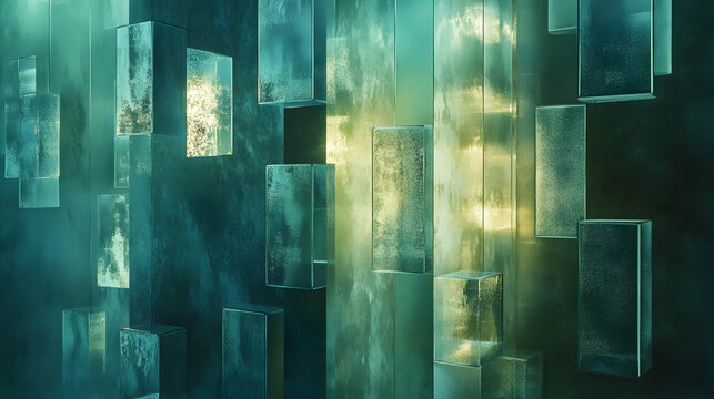 3D abstract background with floating translucent cubes, layered with geometric patterns, and illuminated by soft ambient light in a color palette of deep blues, greens, and silvers