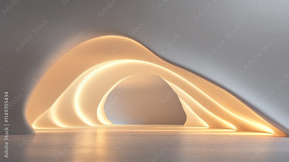 Poster minimal white backdrop with abstract wave patterns and soft glowing accents for a clean style.