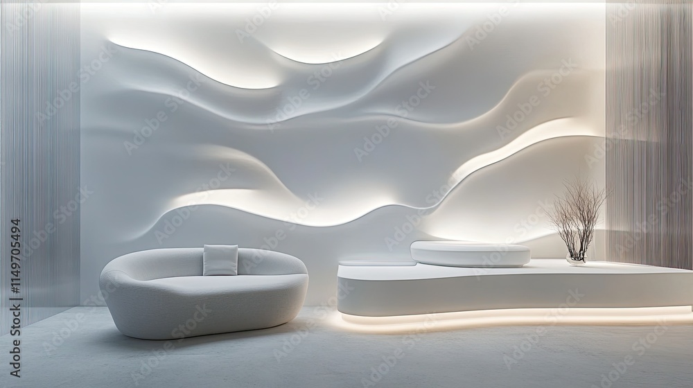 Poster minimal white backdrop with abstract wave patterns and soft glowing accents for a clean style