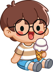 Cartoon boy with glasses eating ice cream