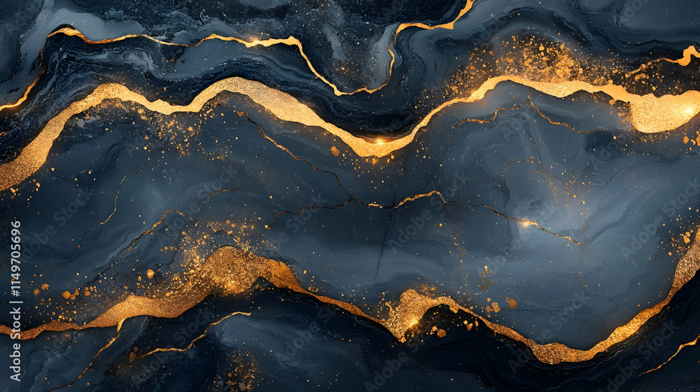 Poster abstract dark blue and gold marbled texture with flowing patterns and shimmering details.