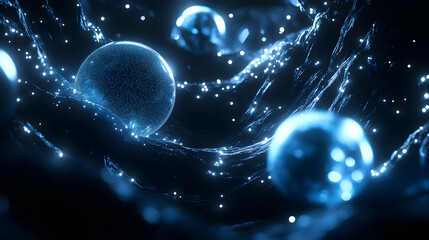 3D abstract background with interconnected glowing lines and spheres in electric blue, floating in a dark void with soft lighting accents