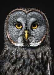 Obraz premium Majestic great grey owl portrait against black background.