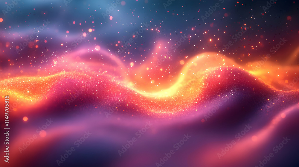 Poster a vibrant abstract representation of flowing waves with sparkling elements.