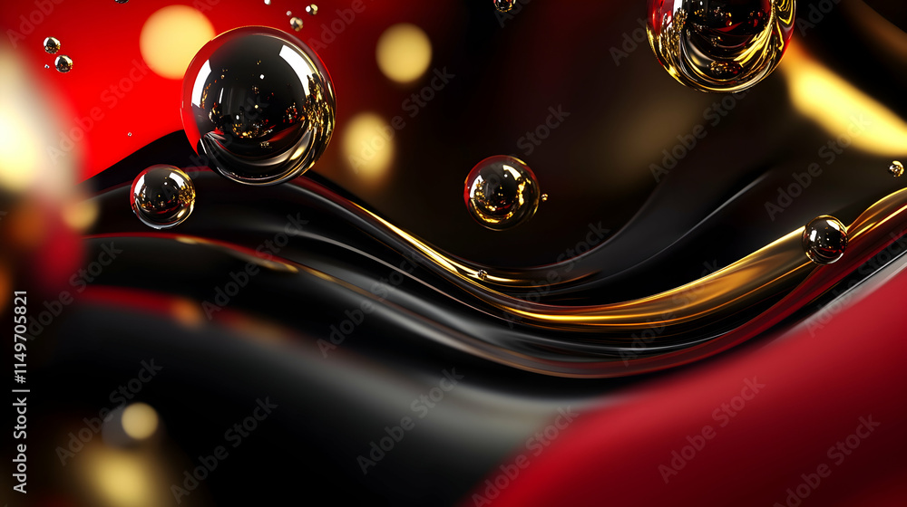 Poster 3d abstract background with layered floating spheres, vibrant light reflections, and deep contrasts 
