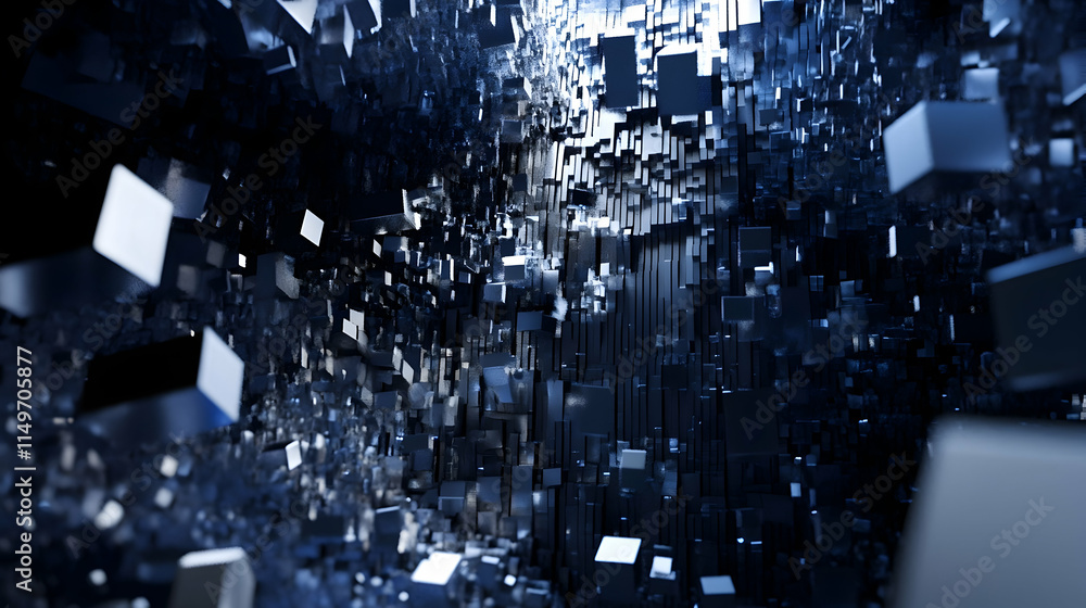 Poster 3d abstract background with layered, floating cubes, illuminated by soft lighting, in shades of deep
