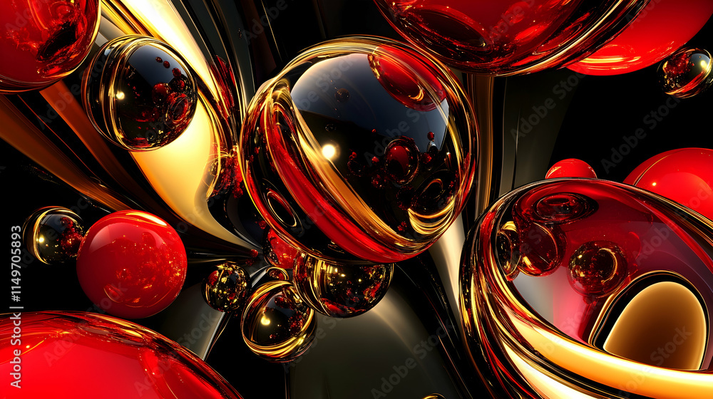 Poster 3d abstract background with layered floating spheres, vibrant light reflections, and deep contrasts 