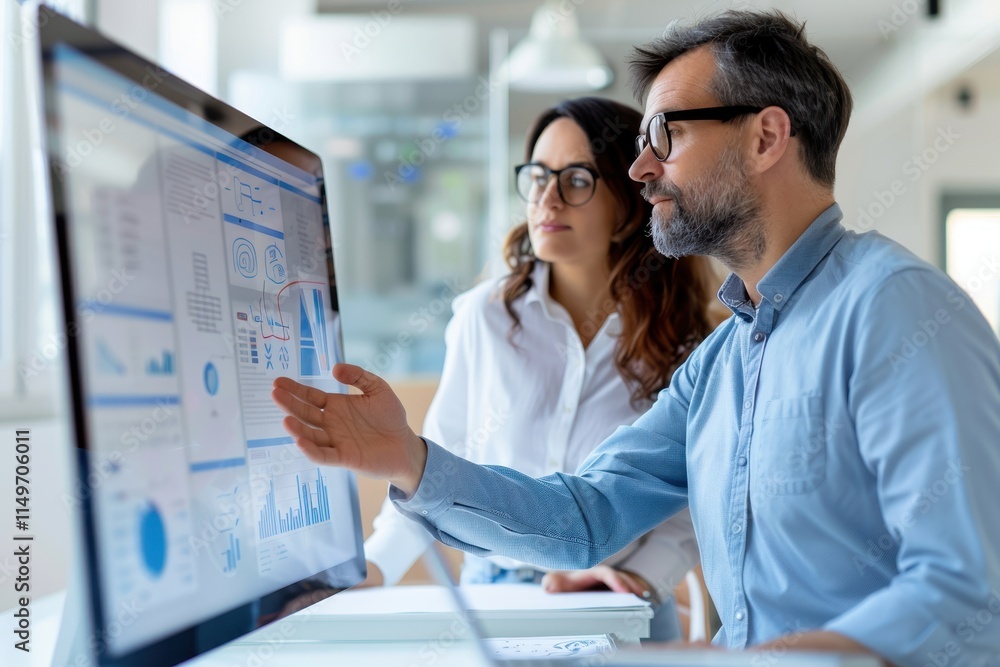Poster a professional meeting scene where two individuals analyze data on a large screen, discussing insigh