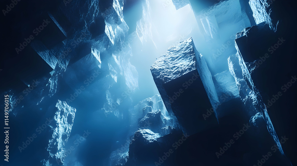Poster 3d abstract background with layered, floating cubes, illuminated by soft lighting, in shades of deep