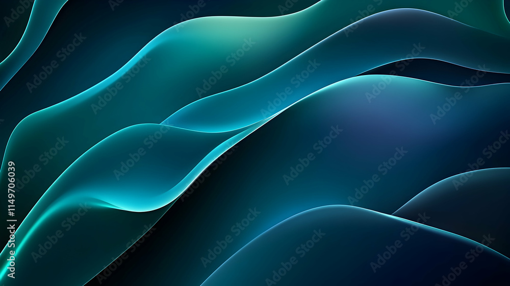 Poster 3d abstract background with layered translucent shapes, glowing neon edges, and a palette of deep bl