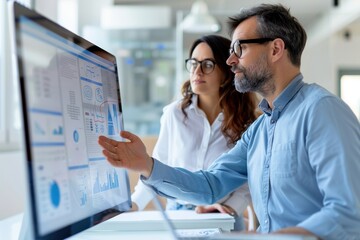 A professional meeting scene where two individuals analyze data on a large screen, discussing insights in a modern office environment.