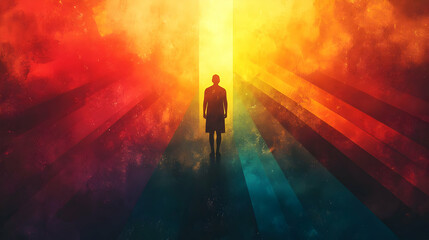 A silhouette stands before a radiant, colorful light, evoking themes of hope and transformation.
