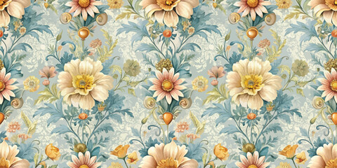 Elegant floral vintage pattern with soft pastel colors and intricate details.