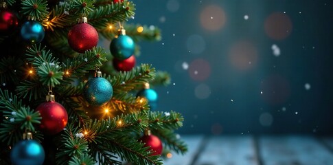 Naklejka premium Beautifully lit pine tree with colorful Christmas ornaments hanging from its branches, snowflake pattern, evergreen tree, festive decorations