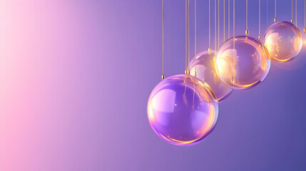 Fototapeta premium 3D abstract background with suspended glass-like spheres refracting light in hues of purple and gold, set against a soft, dark gradient