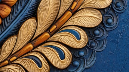 Close-up of ornate, embossed leather with gold and blue detailing.