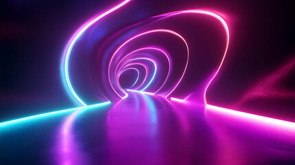 3D abstract background with swirling, fluid shapes, glowing light trails, and vibrant colors like neon pink, purple, and blue, creating a dynamic and futuristic atmosphere