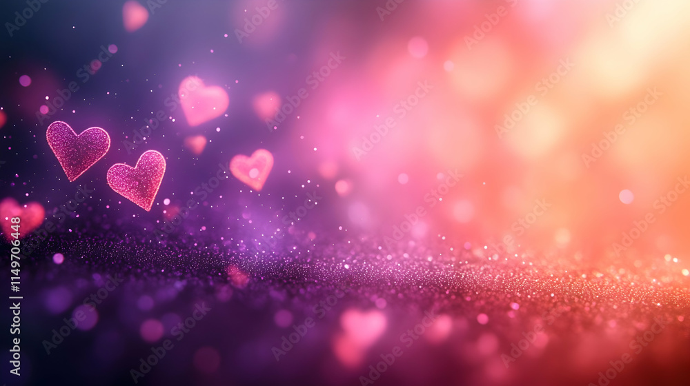 Poster A dreamy background featuring floating hearts and a bokeh effect in vibrant colors.