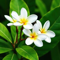 Fototapeta premium beautiful white plumeria flowers swaying gently on a lush green foliage background, garden flowers, white plumeria flowers, green leaves