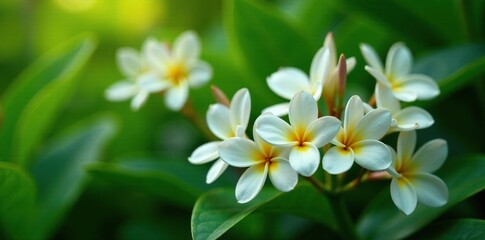 Obraz premium beautiful white plumeria flowers swaying gently on a lush green foliage background, garden flowers, white plumeria flowers, nature