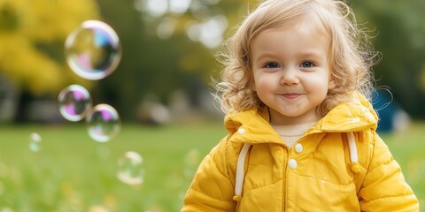 Playful child bubbles in a park outdoor joyful atmosphere close-up perspective