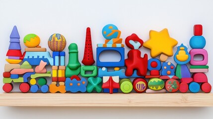 Obraz premium Colorful wooden toy blocks arranged creatively on a wooden shelf against a white background.