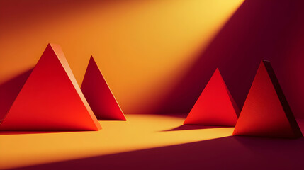 3D abstract composition with floating triangular shapes in deep red and amber, casting sharp, dramatic shadows across a minimalistic environment © Michel