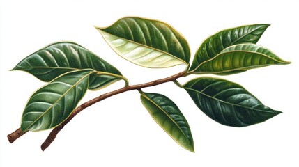 Naklejka premium Detailed illustration of a plant branch with leaves, displaying various shades of green and a hint of cream.