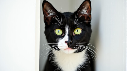 Obraz premium A black and white cat with green eyes