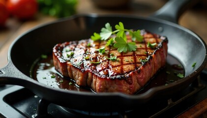 Beef steak served in a skillet on the stovetop for grilled presentation, flavorful, dinner