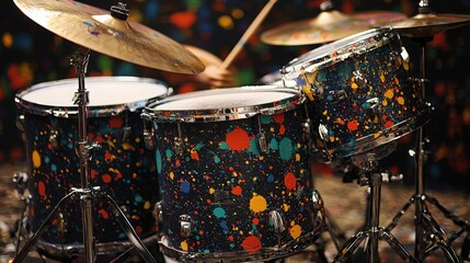 Obraz premium Colorful drum set with vibrant splatter design being played in a lively setting