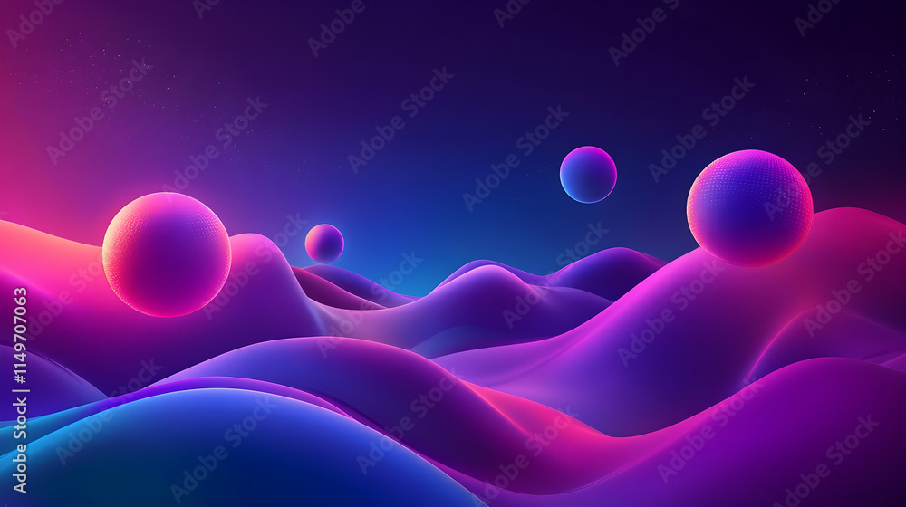 Aufkleber a 3d abstract background with glowing spheres floating in a deep purple and blue gradient, creating 