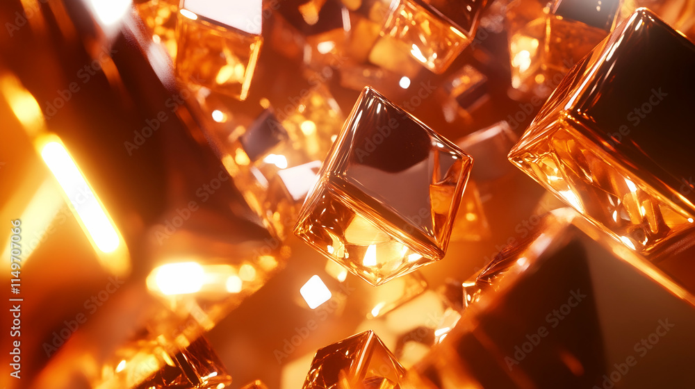 Poster a 3d abstract background with interlocking metallic cubes, reflecting light in a futuristic, polishe