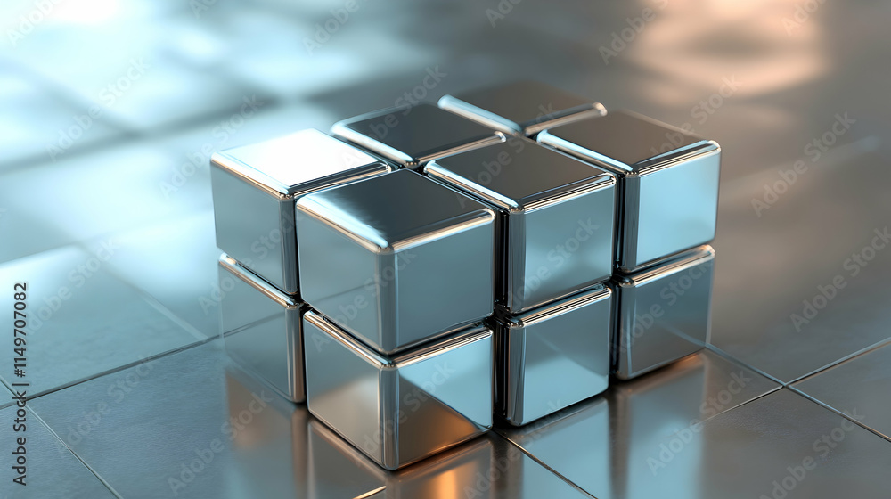 Aufkleber a 3d rendering of interlocking cubes and angular shapes with a metallic sheen, illuminated by soft, 