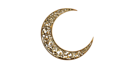 A crescent moon adorned with Islamic patterns, isolated on white 