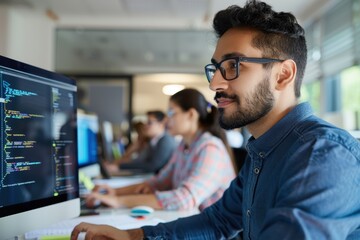 A focused young man coding on a computer in a collaborative workspace, surrounded by others engaged in programming tasks.
