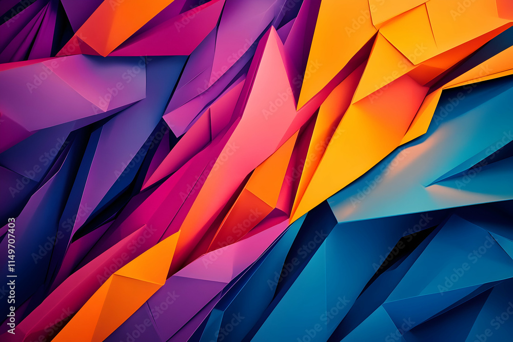 Poster a collection of colorful origami paper pieces arranged in an abstract design, with sharp folds and v