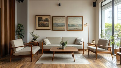 Fototapeta premium Modern minimalist living room interior design with mid-century modern furniture, wooden floors, large window, and artwork.