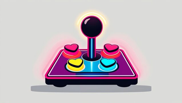 A vibrant, retro-style arcade joystick with colorful buttons and a glowing effect.