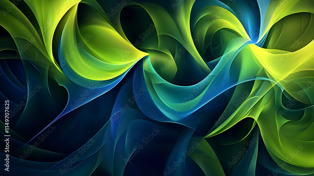 Poster a dynamic 3d abstract background with swirling, flowing shapes in neon green and blue, creating a se