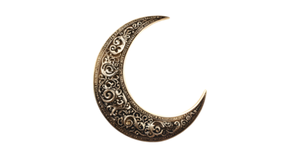 A crescent moon adorned with Islamic patterns, isolated on white 